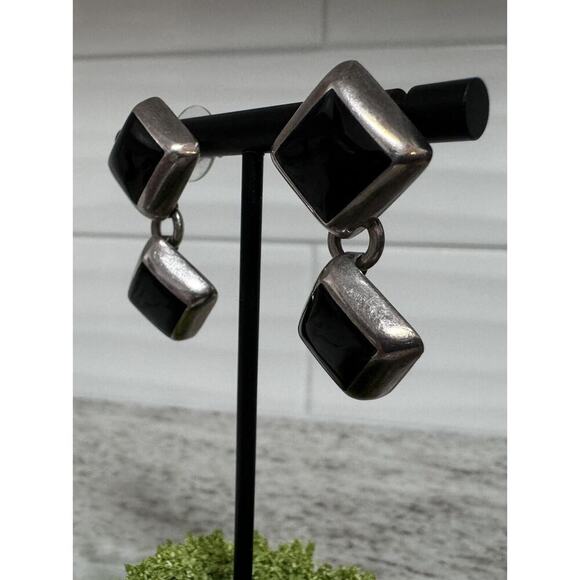 Vintage Sterling Silver Taxco Mexico Black Onyx Inlay Dangle Earrings - Picture 4 of 7